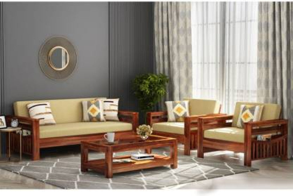 3 Seater Wooden Sofa For Home Furniture, Upholstery Fabric Modern And Durable Design For Living Room and Office- Cream