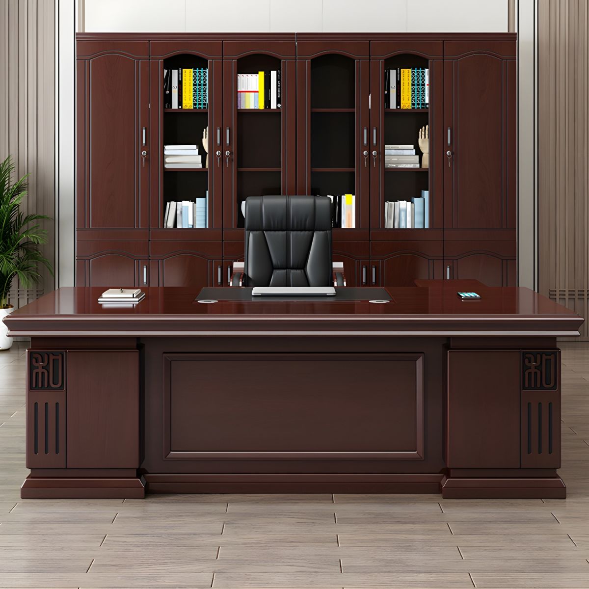 Director & Executive Rectangular Table Luxury Desk Made in Plywood with Veneer Reversible Orientation Side Unit Drawer, Wire Manager & CPU Storage