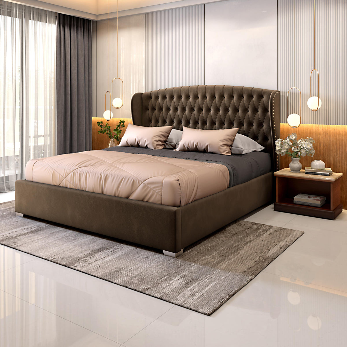 King Size Wooden Bed with Wingback Headboard Fully Upholstered Luxury Design Made in Plyboard with Premium Leatherette Fabric for Elegance, Comfort & Durability