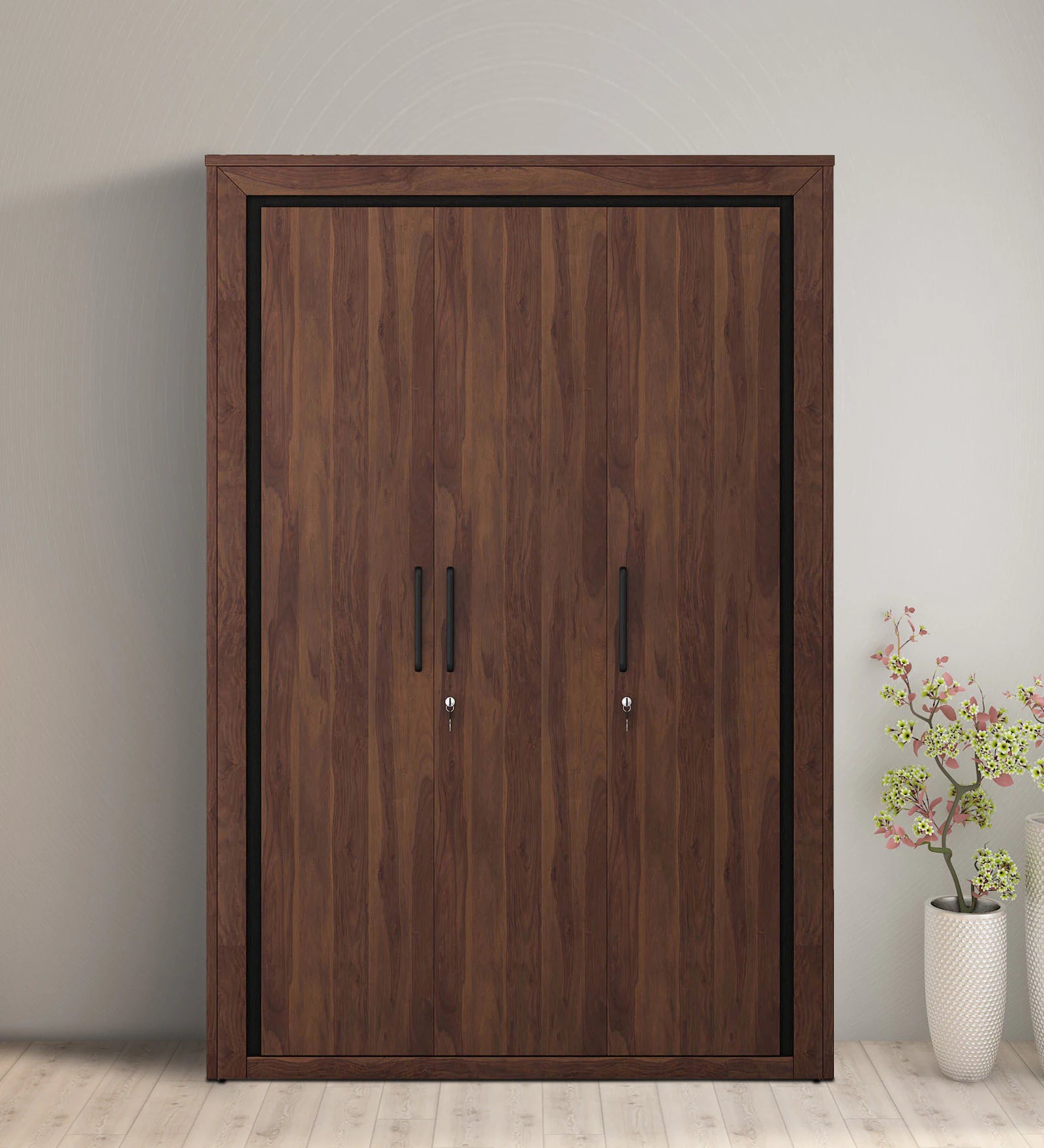 Wardrobe 3‑Door with Space-Saving, Soft-Close Mechanism, Sleek Handles, and Utility Shelf –Walnut and Frosty Look