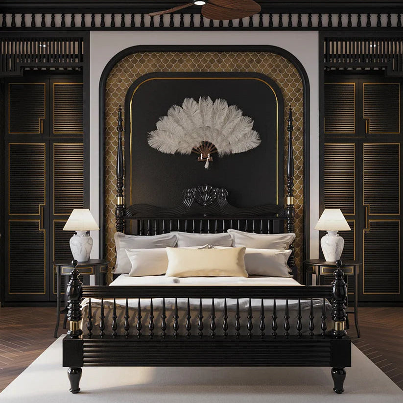 Poster Bed Design in Matte Black Finish, Handcrafted Generational Quality, Available in King Size