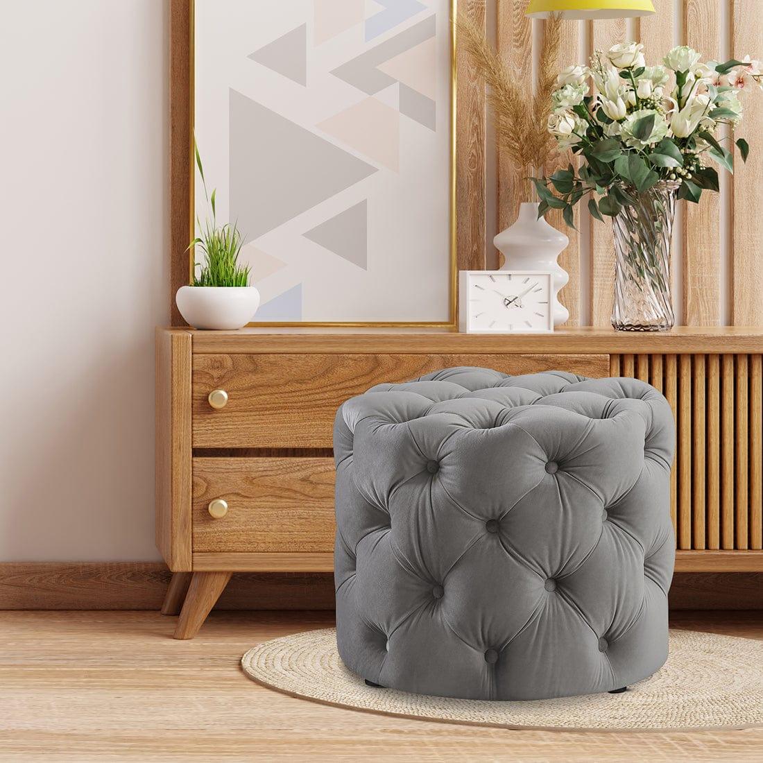 Ottoman Modern Round shape Upholstery Velvet Foot Rest Stool, Pouf for Office Home Décor for living Room, Bedroom, Office - Grey