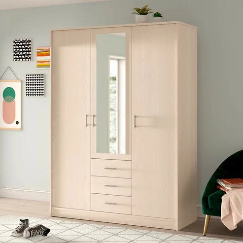 Modern Three‑Door Wardrobe with Full‑Length Mirror, Spacious Hanging Rod and Shelves, Sleek Design
