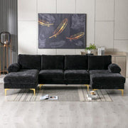 U-Shape Sofa Upholstery Velvet Sectional Lounge Couch Extra Wide Chaise  Arms Sofa Design For Living Room and Office -Off White- Black