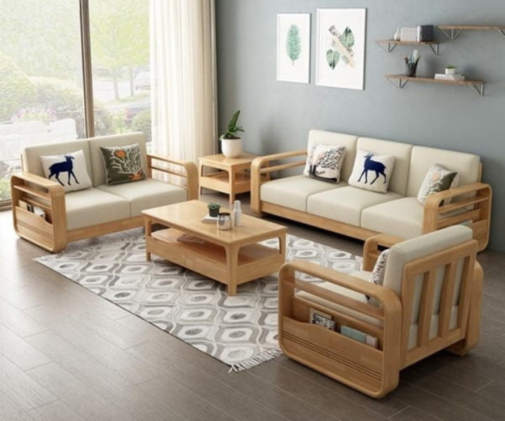 3 Seater Wooden Sofa & For Home Furniture, Upholstery Fabric Modern And & Durable Design For Living Room and Hall-Beige