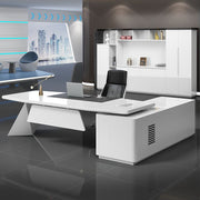 Luxury Director L-Shape Office Table Desk Made in Plywood with Veneer Wire Manager Drawers Lockable and Storage for a Modern Workspace - White