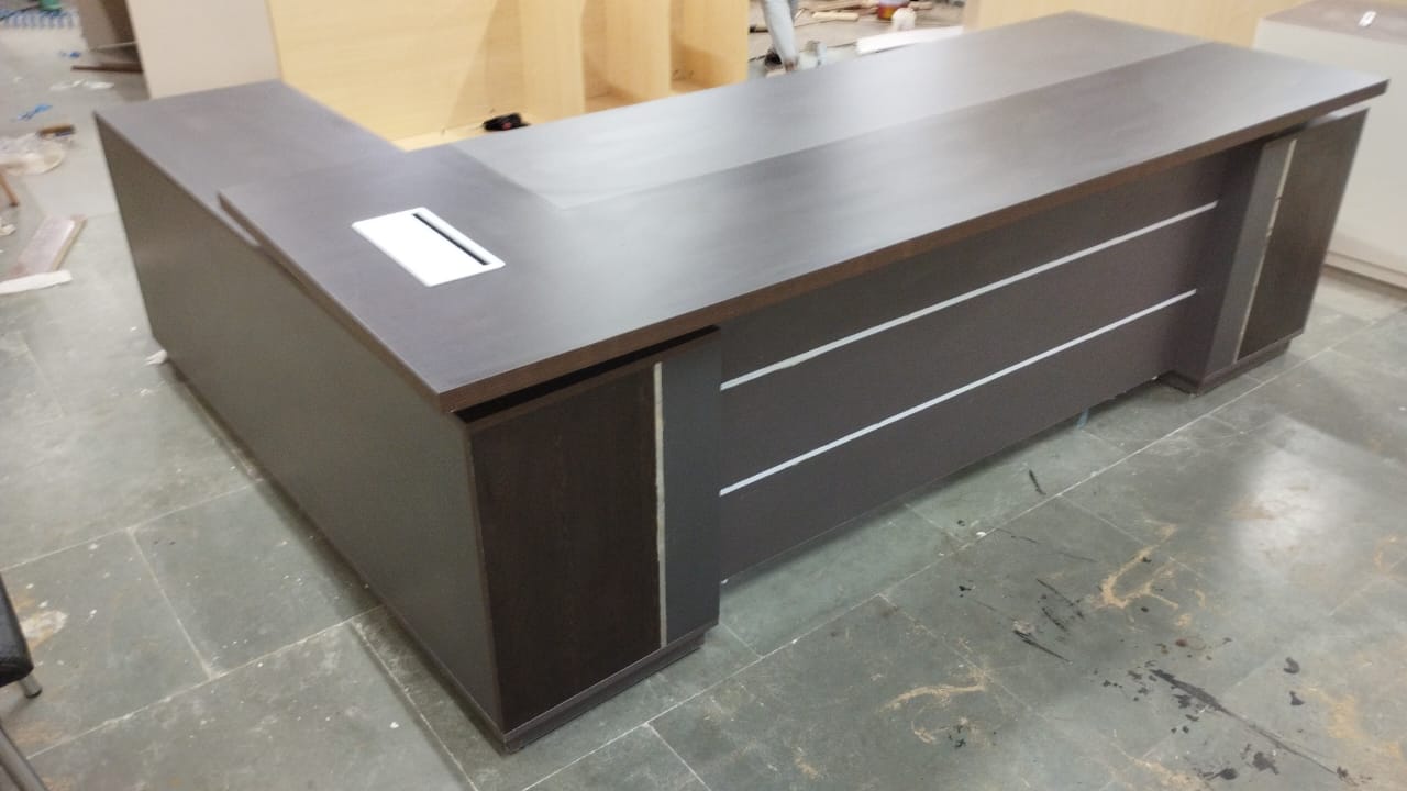 Director L-Shape Office Table Luxury Desk with Locking Drawer, CPU Storage, Desk Return, and Organized Wiring System - Dark Brown