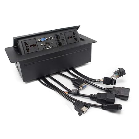 Conference Table Connectivity and Data Box Pop Up Box/Cable Cubby with HDMI, VGA, Audio, LAN and Power Ports (Black)