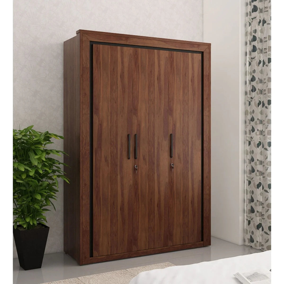 Wardrobe for Bedroom – 3‑Door Closet Hanging Rods & Shelves, Elegant Walnut Finish, Durable Particle Wood