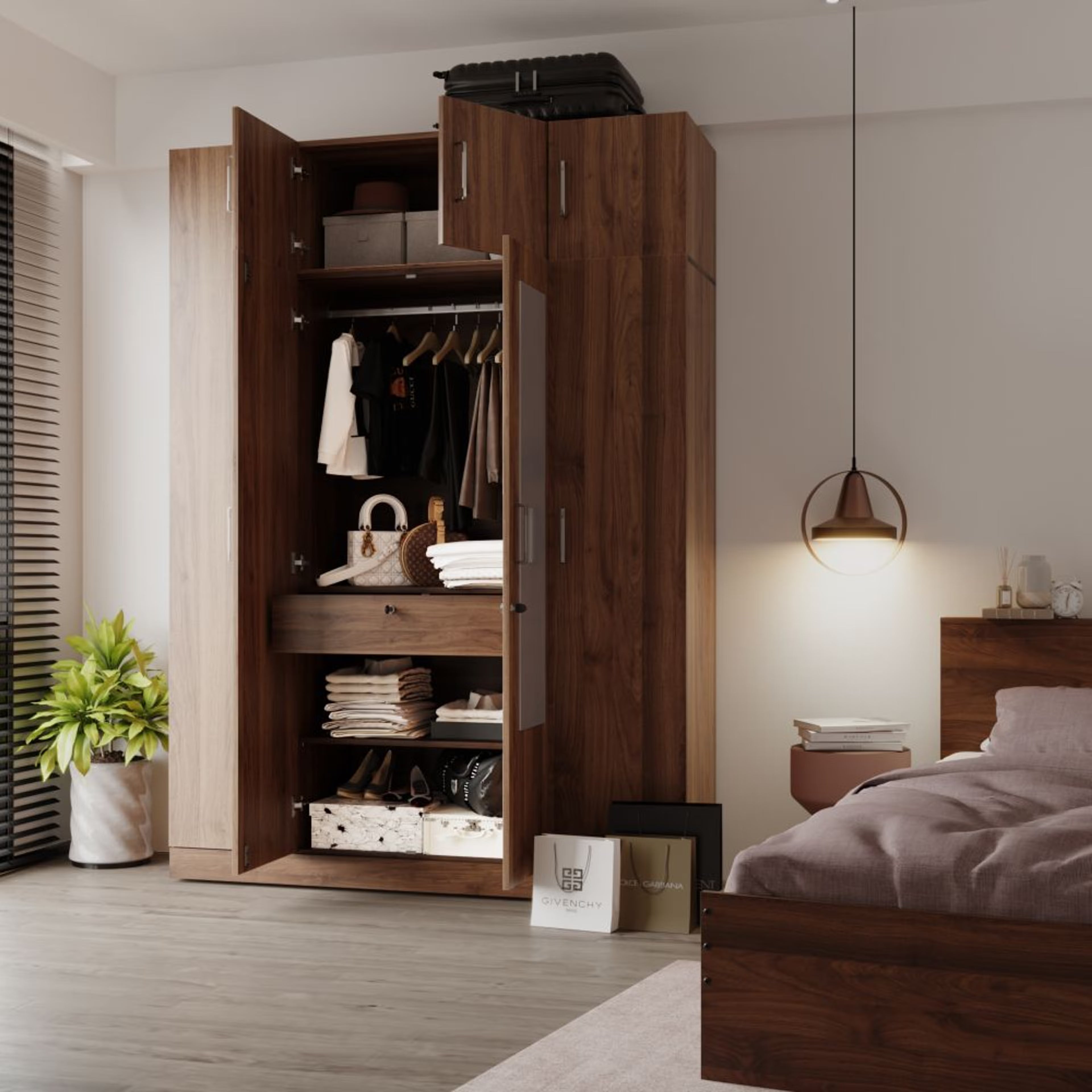 Wardrobe for Home Furniture Made in Particle Board & Matte Finish with 4 Door and Mirror