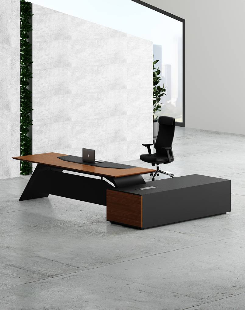Director & CEO Office Table L-Shape Luxury Storage and Leathere Pad & Wire Manager - Brown
