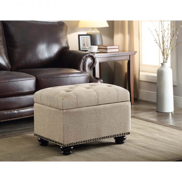 Ottoman Solid-Wood with Faux Leather Upholstery, Hinged Storage Seat, Elegant Bun Feet, Stylish Accent