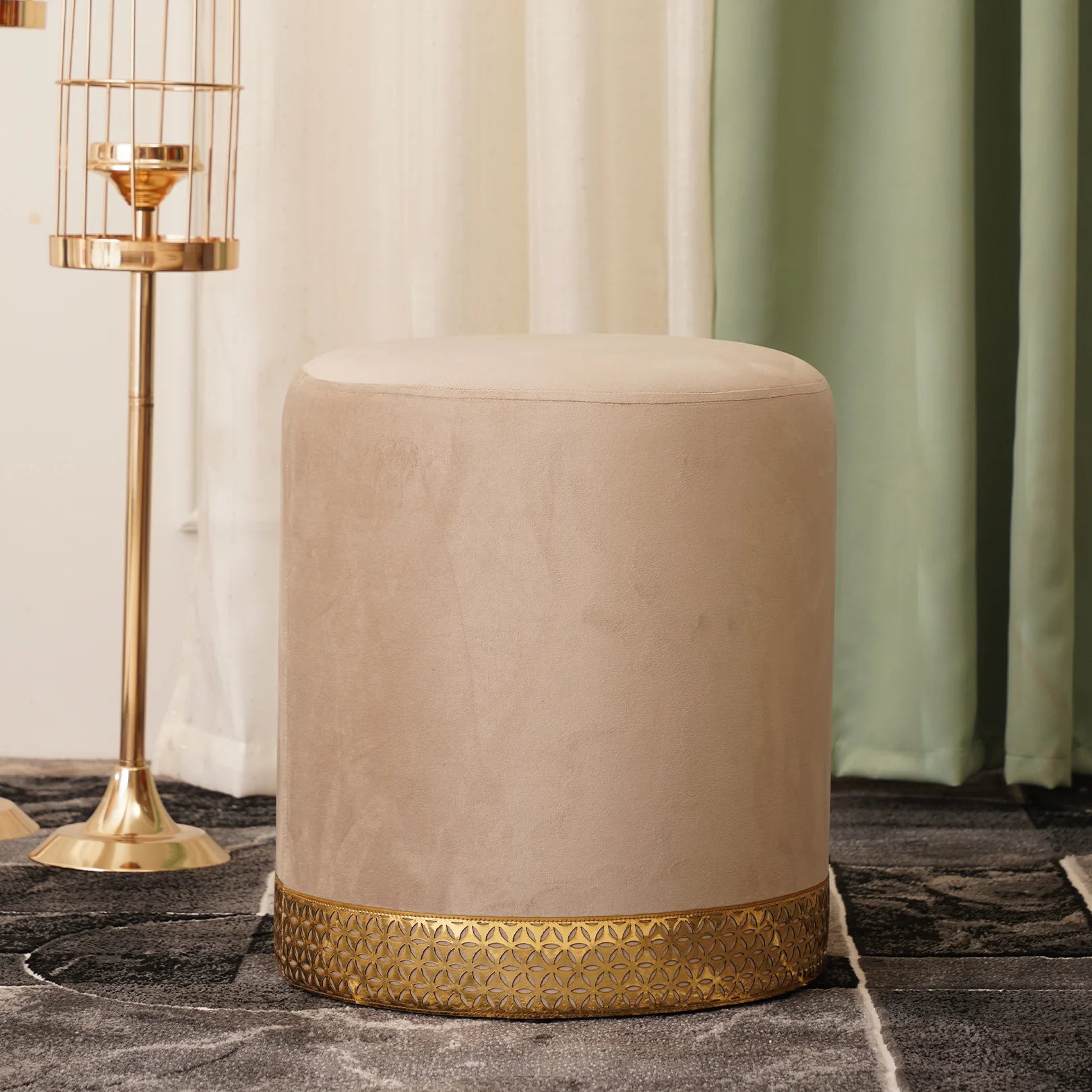 Ottoman in Velvet Round Ottoman with Elegant Gold-Base Accent, Seating or Delivers Comfort, Style, Décor