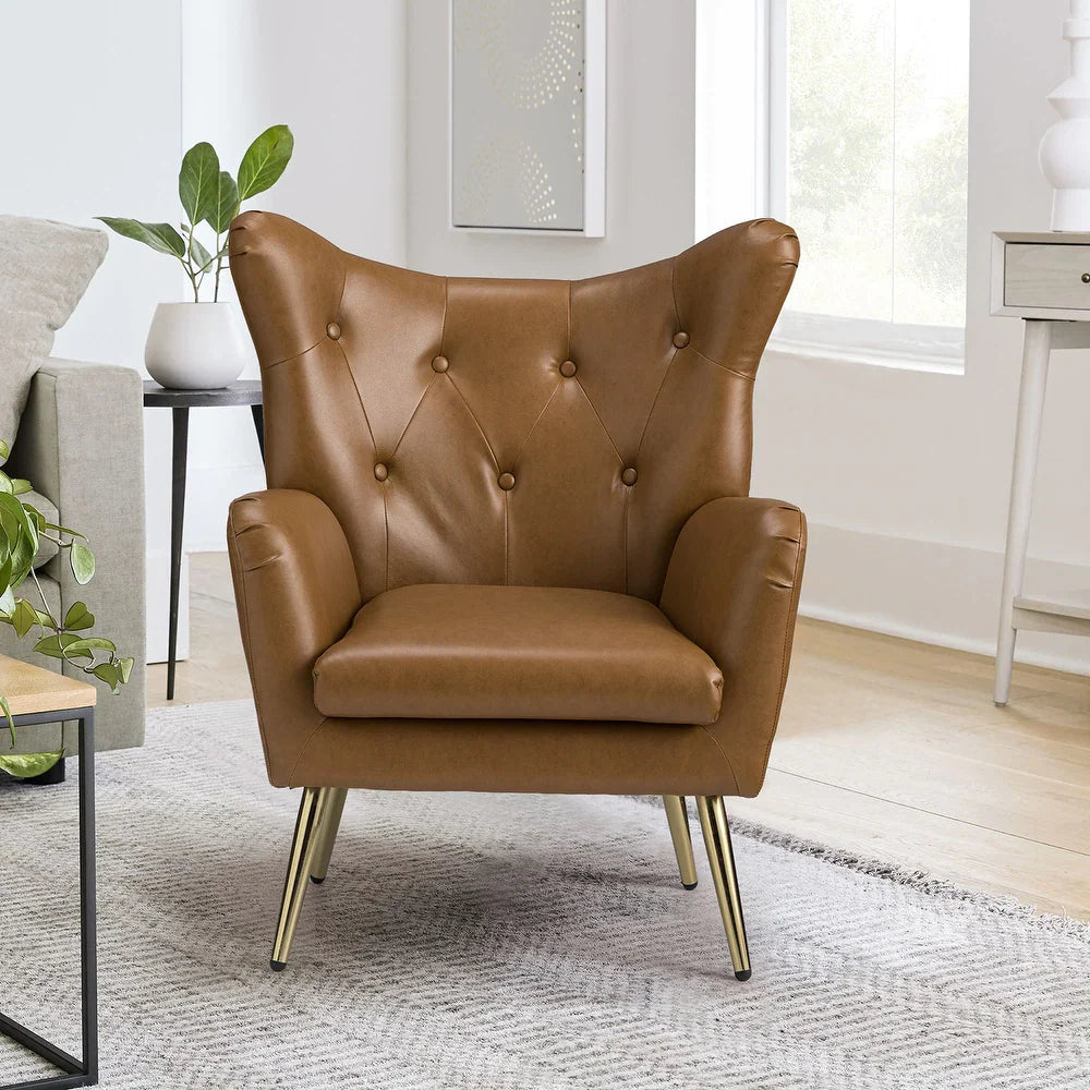 Wing Lounge Chair Metal Base with Arms Modern & Durable Design Upholstery Pu Leatherette Comfortable Seating for Living Room & Offices - Brown