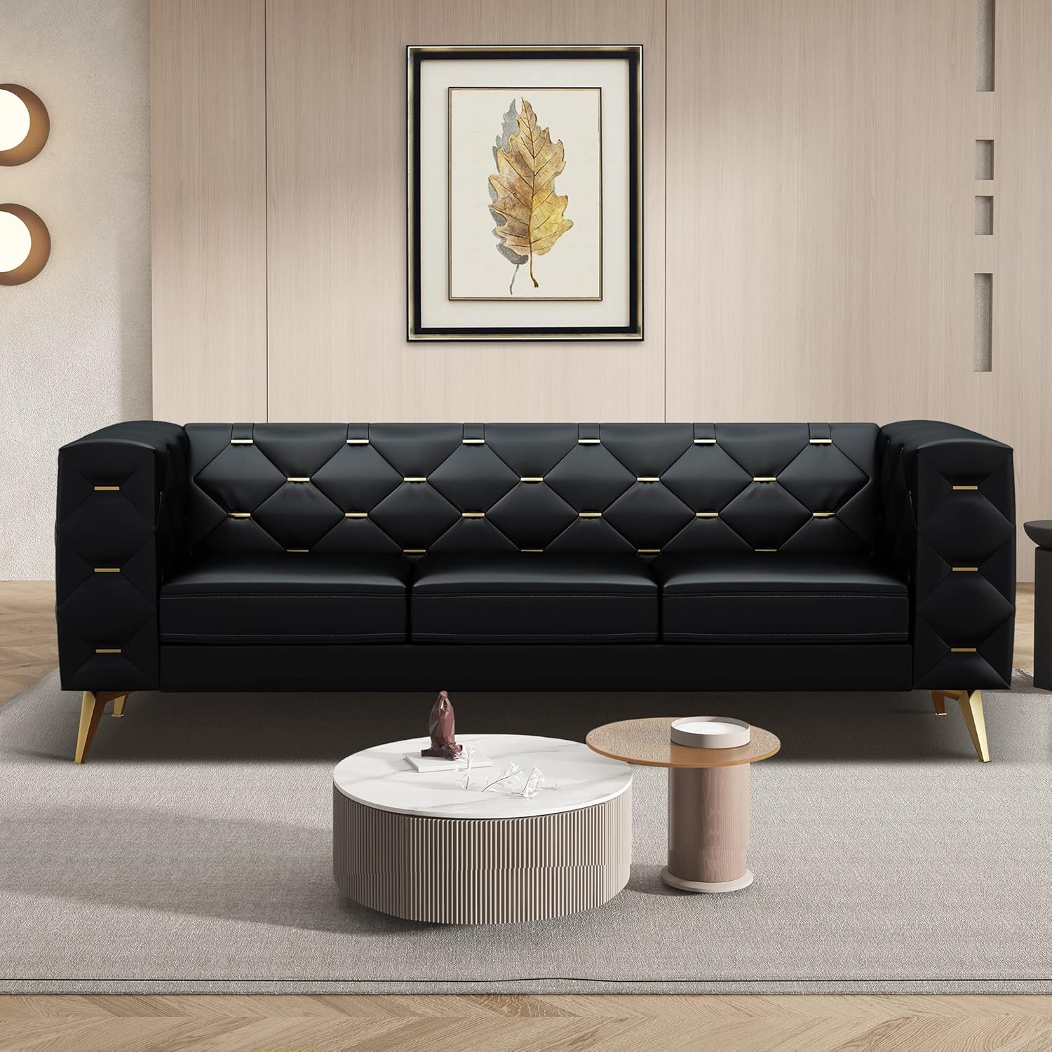 3 Seater Sofa For Home Furniture Made in Ply with Leatherette and Tufted Back & MS Legs Powder Coated