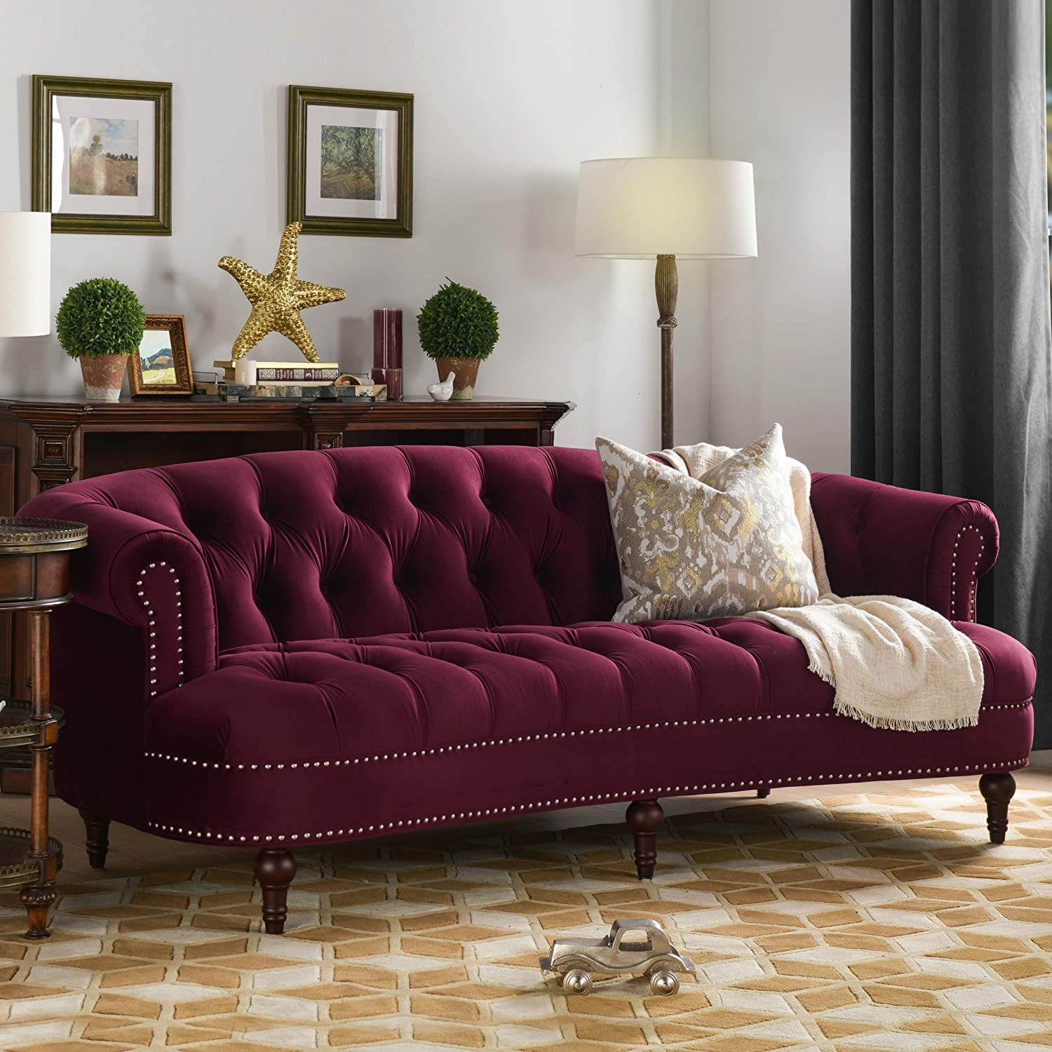 Chesterfield 3 Seater Sofa, Couch, Modern Design Upholstery Velvet Tufted With Arm Rest For Living Room, Bedroom, Guestroom, Office (Purple)