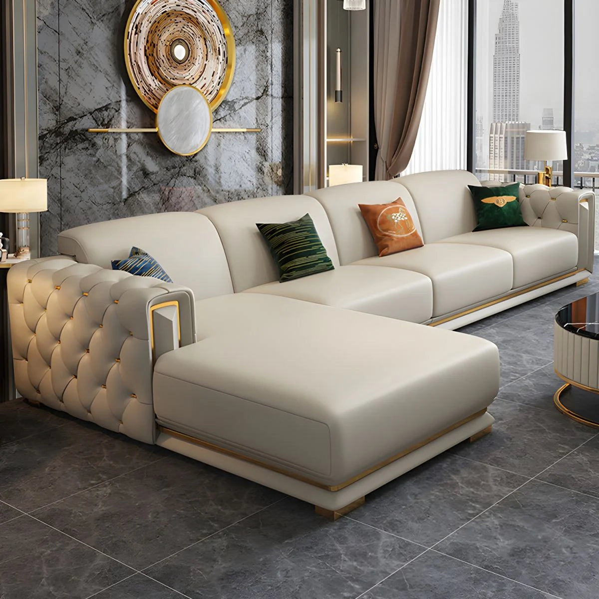 L Shape Sofa For Home & Furniture Upholstery Pu Leatherette Sectional Extra Wide Luxury & Durable Design For Living Room -Beige