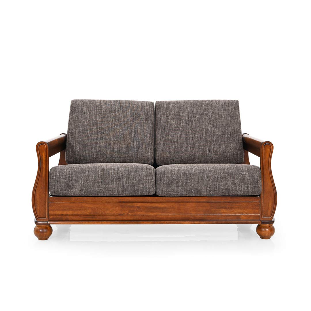 ফ্যাব্রিক আপহোলস্ট্রি এবং প্রাকৃতিক কাঠের পলিশ সহ ২ আসনের কাঠের সোফা - মার্জিত এবং কমপ্যাক্ট ডিজাইন - ধূসর