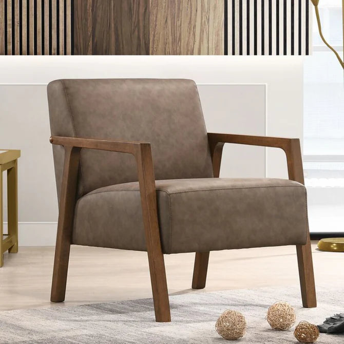 Lounge Chair For Living Room ,Comfortable Seating ,Durable Design Wide Wooden Arm , Upholstery Polyester and Teak Wood Legs With wooden Polish -Grey