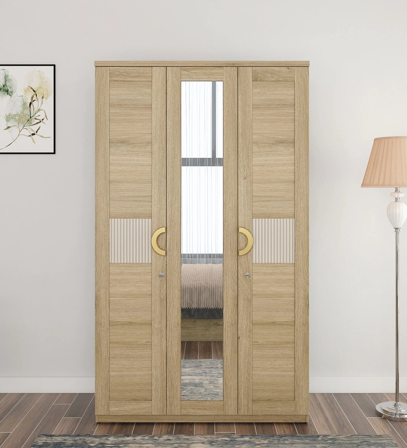 Wardrobe 3‑Door with Stylish Design, Drawers & Shelves, with Multi-Storage Options with Mirror