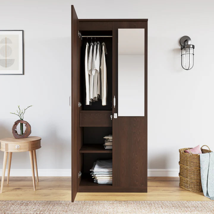 Wooden Wardrobe In 2 Doors with Mirror – Clean Design with Lock and Open Shelves