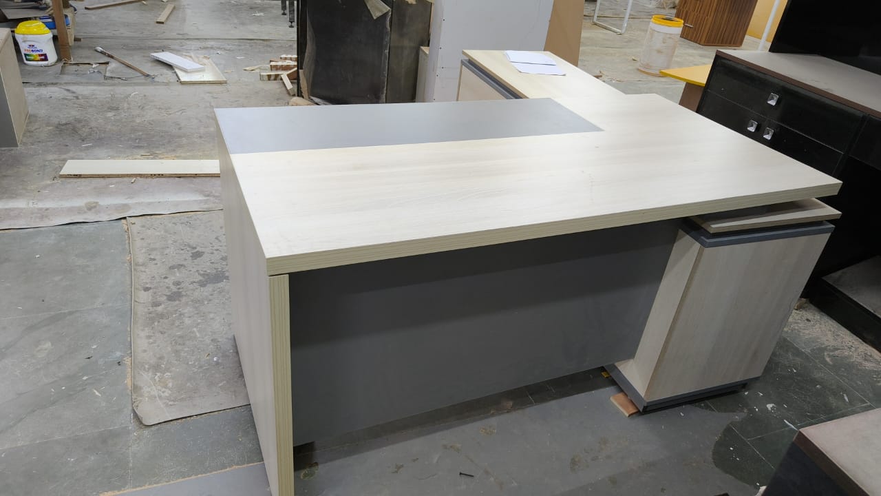 Director L-Shape Table Luxury Modern Office Desk with Made in MDF and Drawers, Shelves, and CPU Storage Space & Charcoal Black