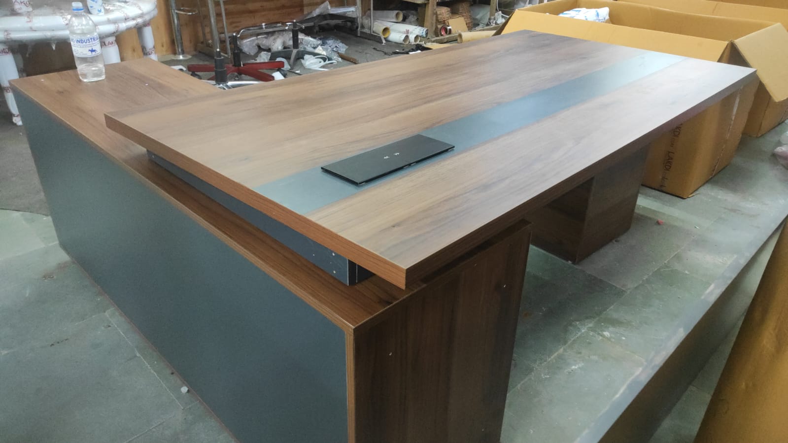 Director L-Shape Table Luxury Modern Office Desk Made in Plywood with Side unit drawers and Openable Storage & Pedestal - Walnut