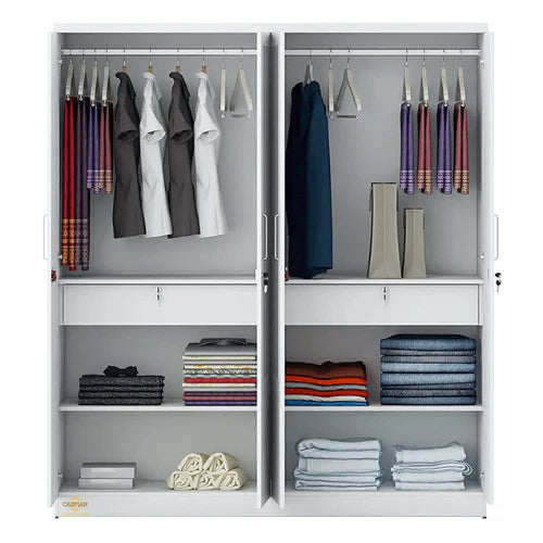 Wardrobe for Bedroom Storage – White Four-Door Closet with Dual Full-Length Mirrors, Lockable Drawers, Hanging Spaces