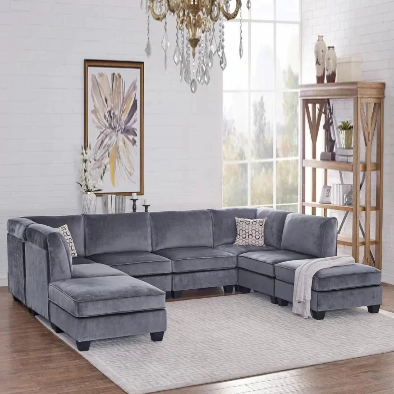 U-Shape Sofa Upholstery Velvet Sectional & Modular Couch Extra Wide Luxury Design For Living Room and Office -Grey