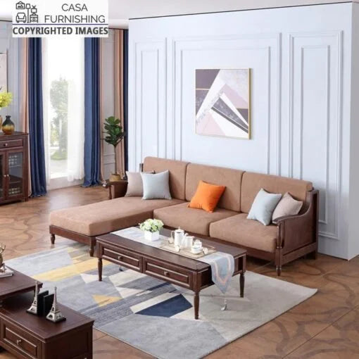 3 Seater Wooden L Shape Sofa For Home Furniture, Upholstery Fabric Premium and Durable Design For Living Room and Office- Brown
