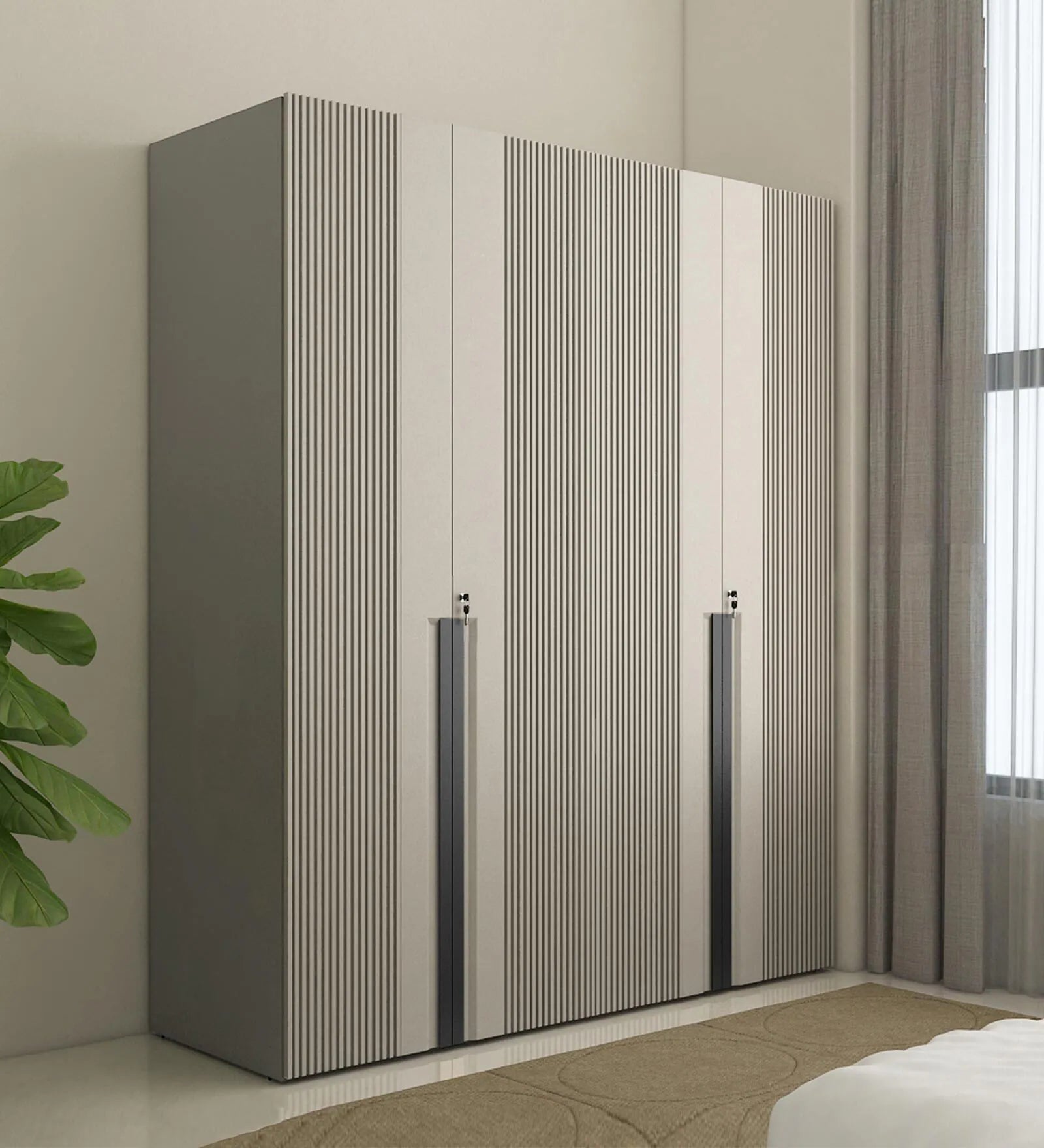 Wardrobe 4‑Door with Modern Design, Soft-Close Mechanism, Designer Handles with Locker and Drawers