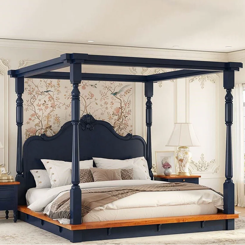 Poster Bed in Solid Sheesham Wood with Handcrafted Headboard, Two-Tone Finish, and Royal Design