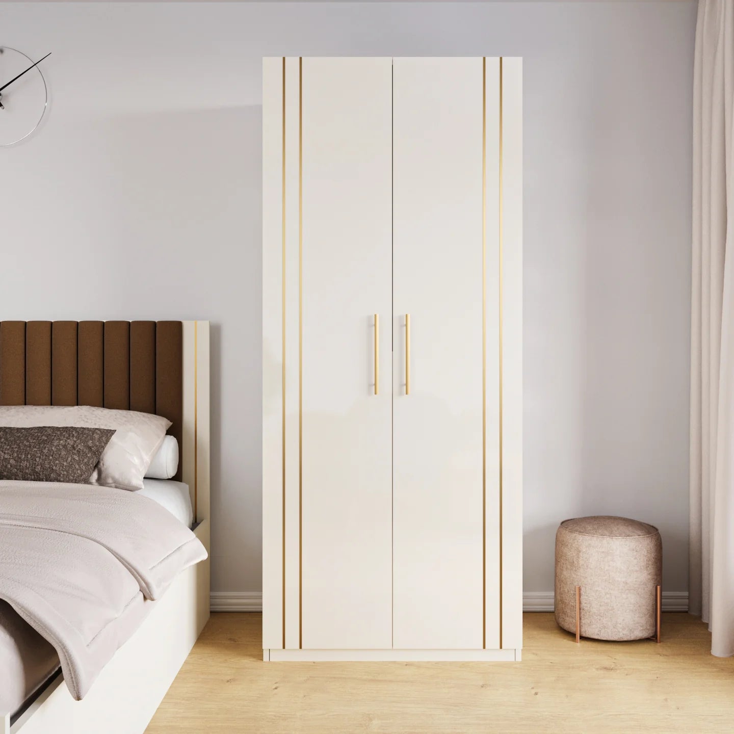 Wardrobe 2-Doors Modern Design with Soft-Close Hinges, Designer Handles, Secure Locker and Spacious Drawers.