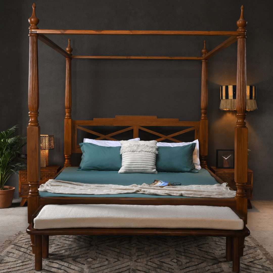 Poster Bed – Handcrafted Solid Wood Frame in Natural Finish, Queen & King Sizes