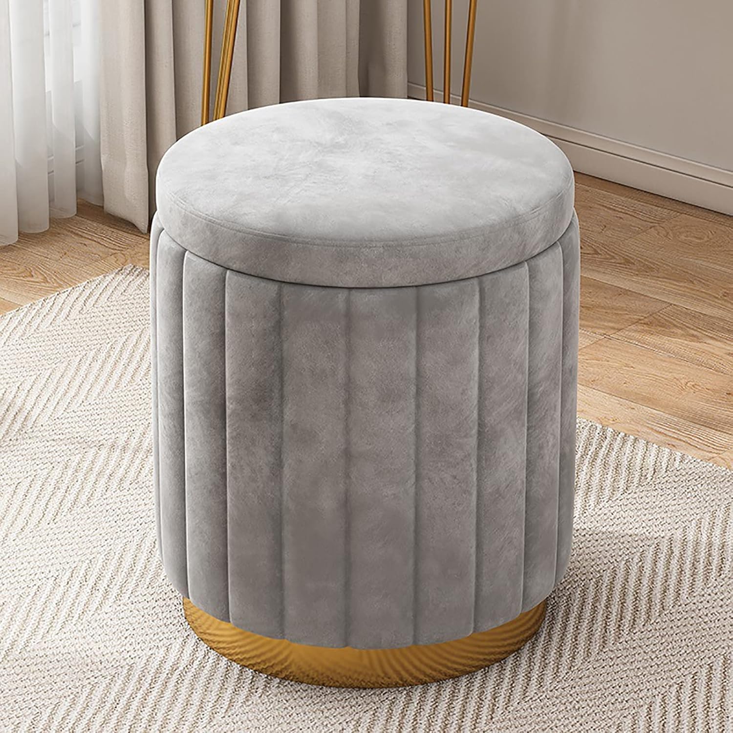 Ottoman Plouffe's Round Velvet Storage with Gold Base - Velvet Upholstered Foot Rest Stool, for Living Room Bedroom-Grey