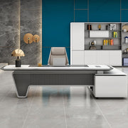 Director L-Shape Office Table Luxury Desk Made in Plywood with Veneer Reversible Orientation, Wire Manager, and CPU Storage - White Grey