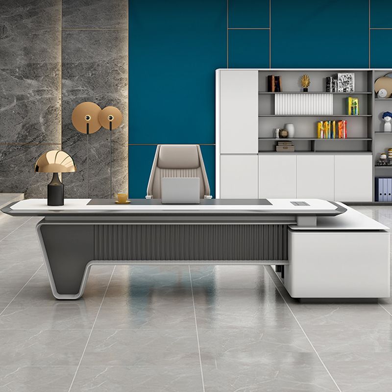 Director L-Shape Office Table Luxury Desk Made in Plywood with Veneer Reversible Orientation, Wire Manager, and CPU Storage - White Grey