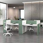Modern Green & White Collaborative Office Workstations with Privacy Screens, Ergonomic Seating & Integrated Storage Solutions