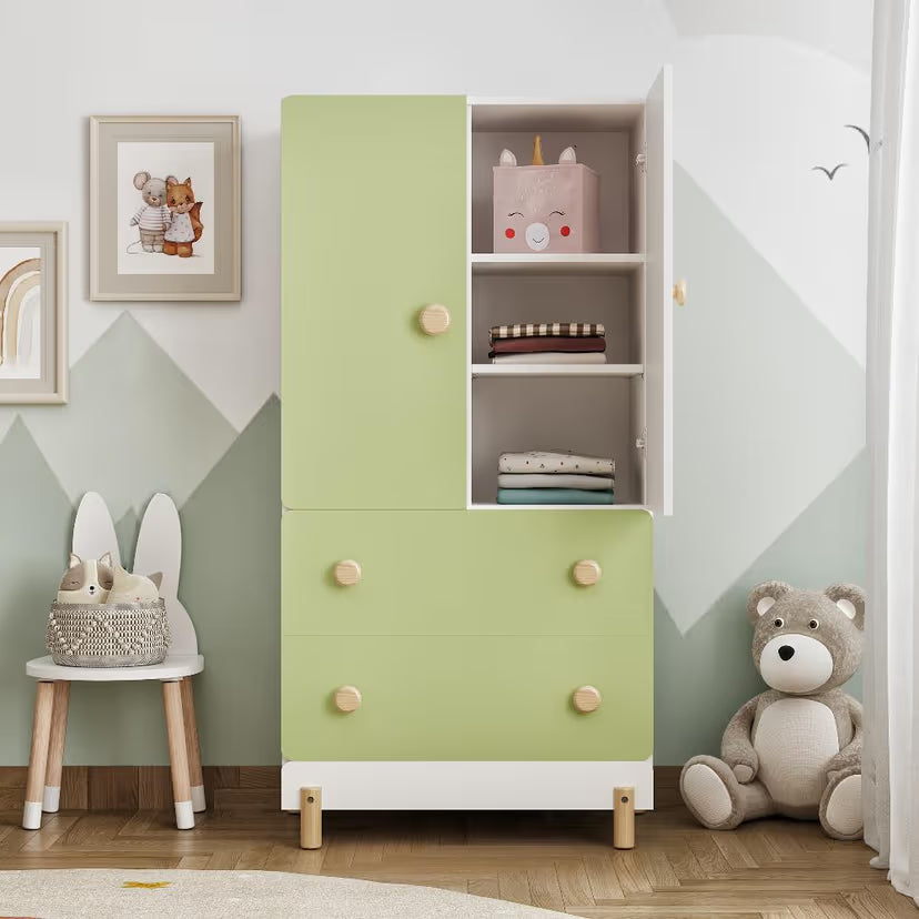 Wardrobe for Kids Room in Green White with Shelves Drawers – Stylish Storage 2 Door 2 Drawer