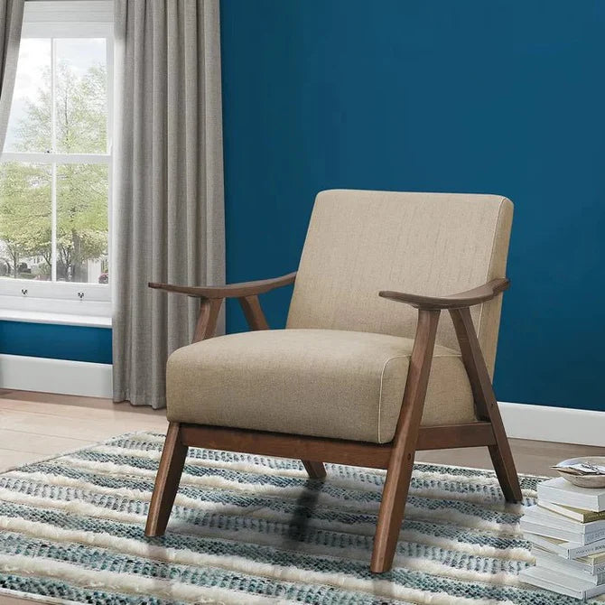 Lounge Chair For Living Room ,Comfortable Seating ,Durable Design Wide Chair Wooden Arm , Upholstery Polyester and Teak Wood Legs With wooden Polish -Beige