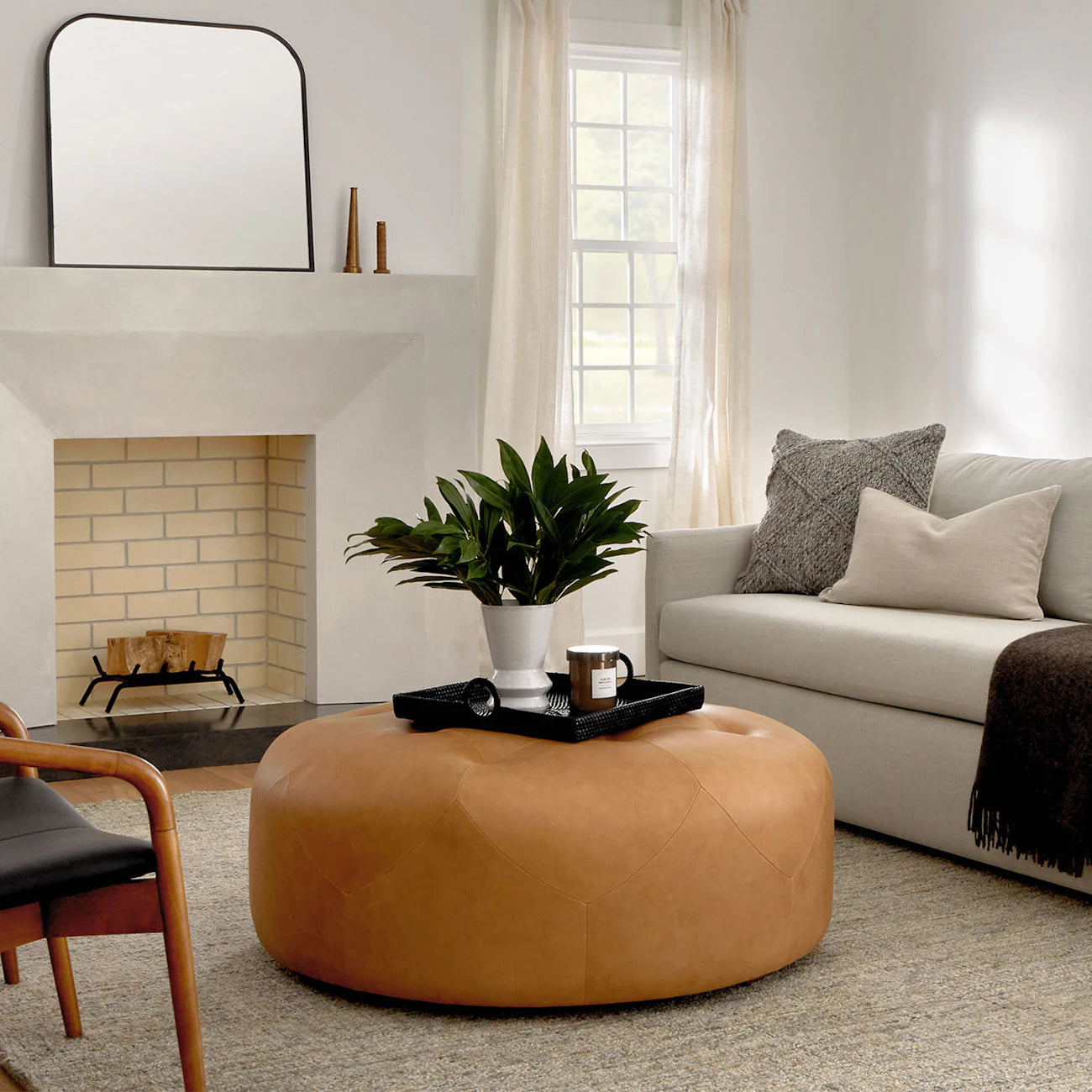 Leather Ottoman – Round, Tufted Top with Soft Padding—Perfect as a Footrest