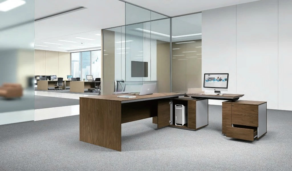 Director L-Shape Office Table Luxury Design Made in Plywood with Premium Hardware Modesty Panel Multi-Functional Wire Box - Walnut Veneer