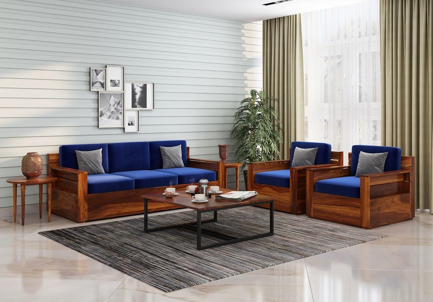 Compact 3-Seater Sofa – Fabric Cushions with Sturdy Wooden Frame & Natural Polish