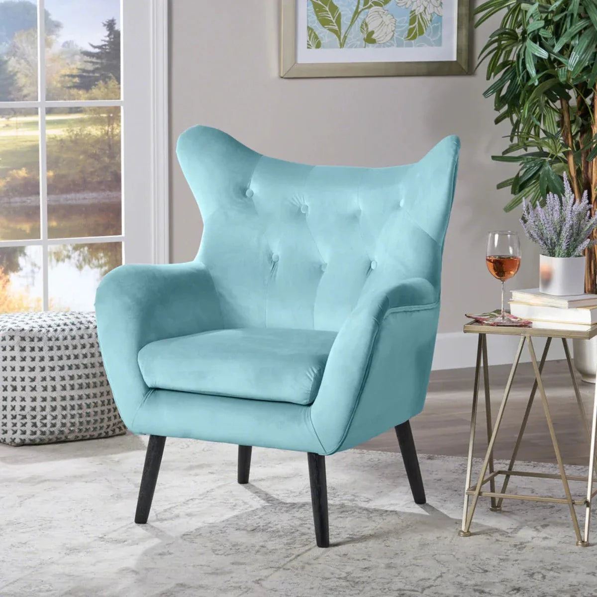 Lounge Chair Sofa, Upholstery Velvet , Durable Modern Design Wing Chair For Living Room or Bedroom - Sky Blue
