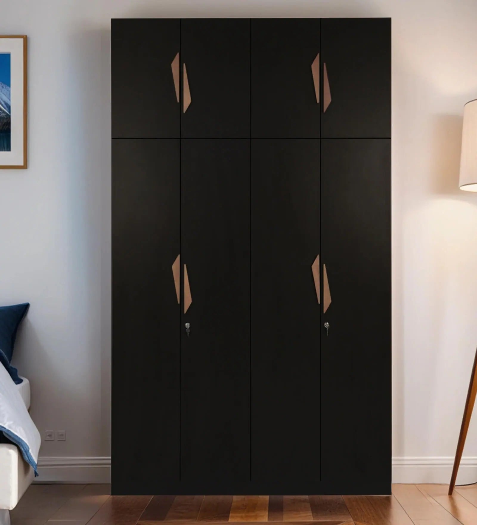 Wardrobe 4‑Door with Space-Saving, Soft-Close Mechanism, Sleek Handles, and Classic Walnut Body and Frosty White Accents