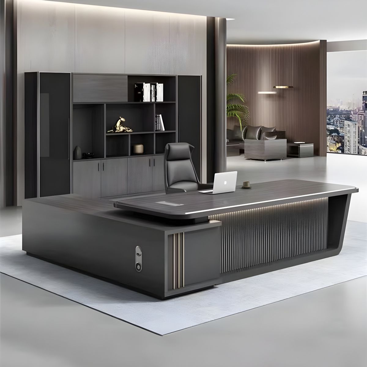 Director & Executive L-Shape Office Table Luxury Desk Made in MDF with Side Unit Drawer and Storage Wire Manager & CPU Storage