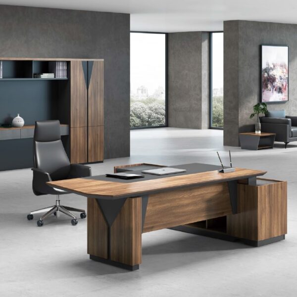 Director & Executive L-Shape Luxury Office Table with Modern Desk Design, Featuring Drawer and CPU Space - Brown
