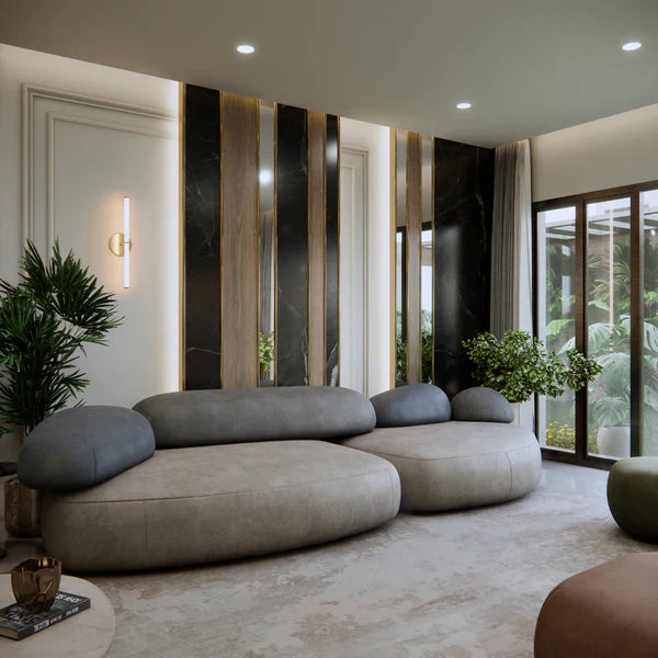 Long Seater Sofa For Home Furniture Upholstered velvet, Unique & Modern Design For Living Room or Hall - Grey