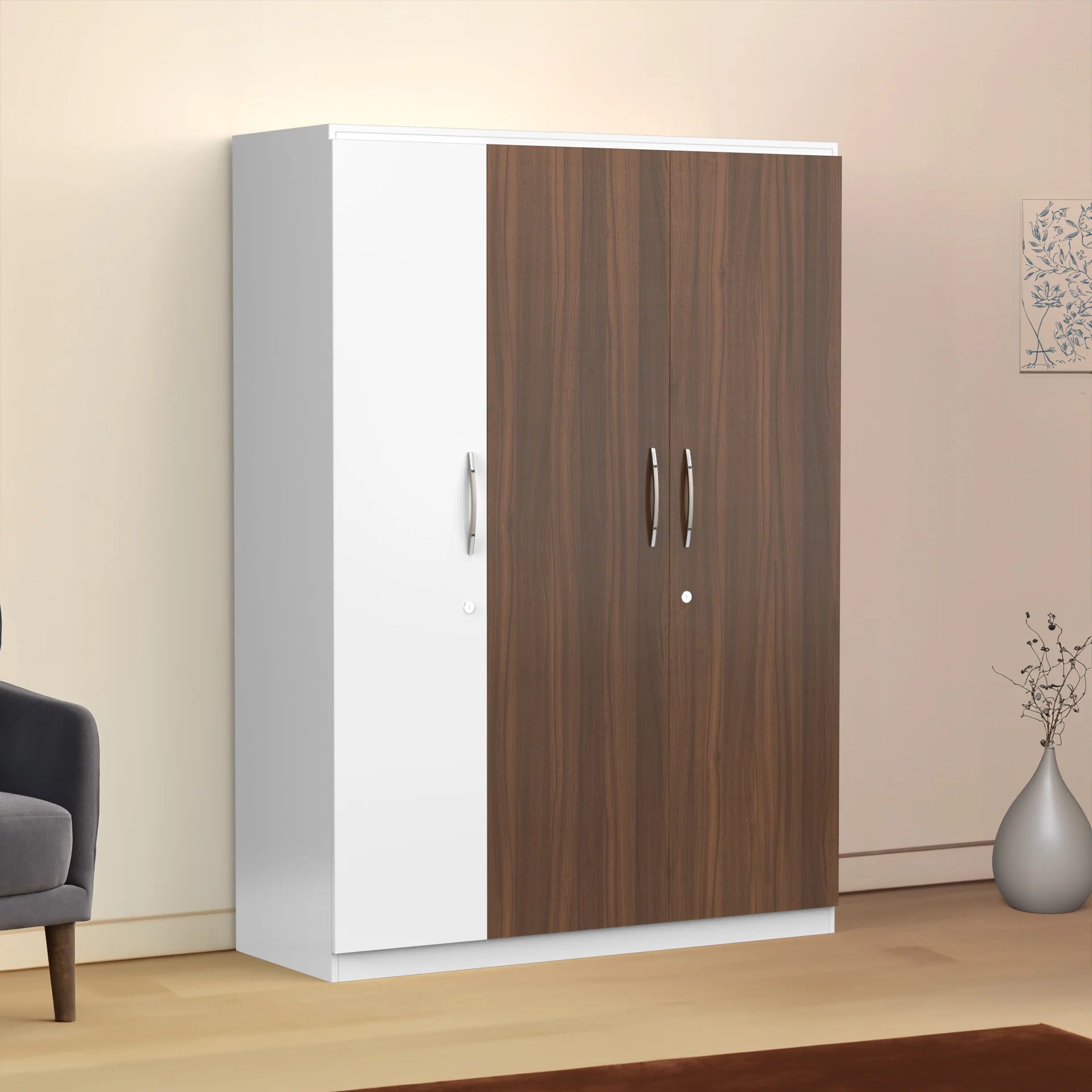 Wardrobe 3‑Door with Hanging Spaces, Drawers & Shelves, Dual‑Tone Design in Classic Walnut & Frosty