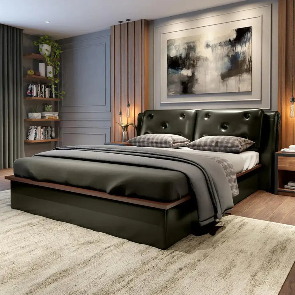 Luxury King Size Fully Upholstered Leatherette Bed Made in wooden with Button Back Rest Support - Storage & Long Lasting Bed for Living room